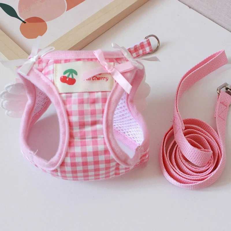 New plain pet dog harness set with pink checkered angel wings decoration dog chest traction small dog accessories X250326