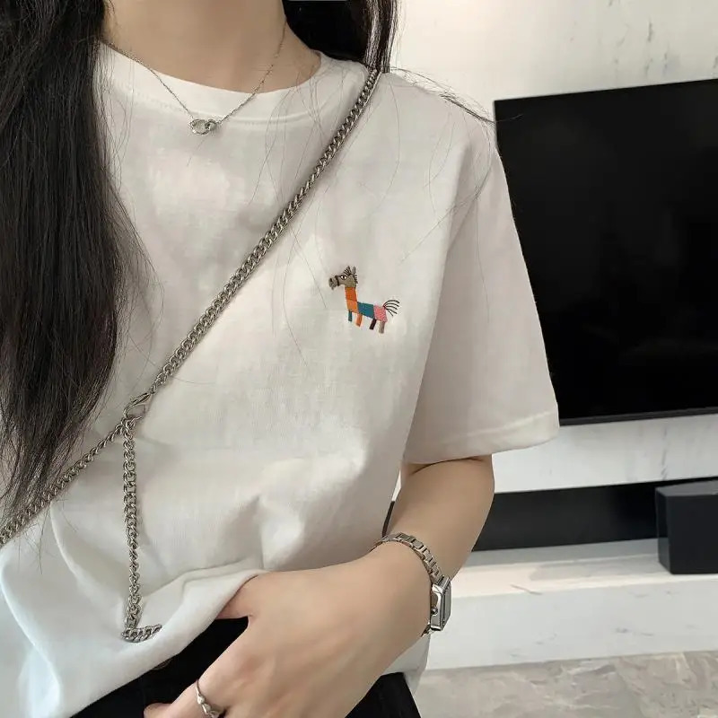Womens loose casual solid O-neck pure cotton T-shirt summer chic cartoon embroidery short sleeved top 250321