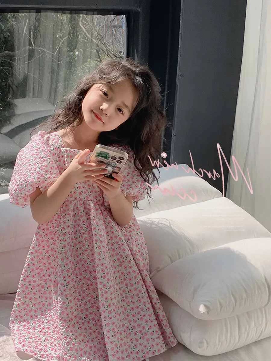 Girls casual dress with floral print and fluffy sleeves floral girls dress with square neckline childrens clothing for 3 to 7 years W250326