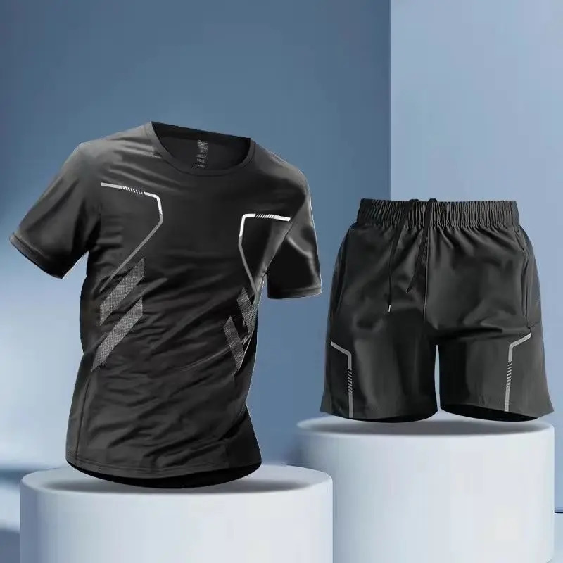 Summer thin casual ice silk sports suit mens round neck short sleeved T-shirt elastic waist sprint quick drying set 250324