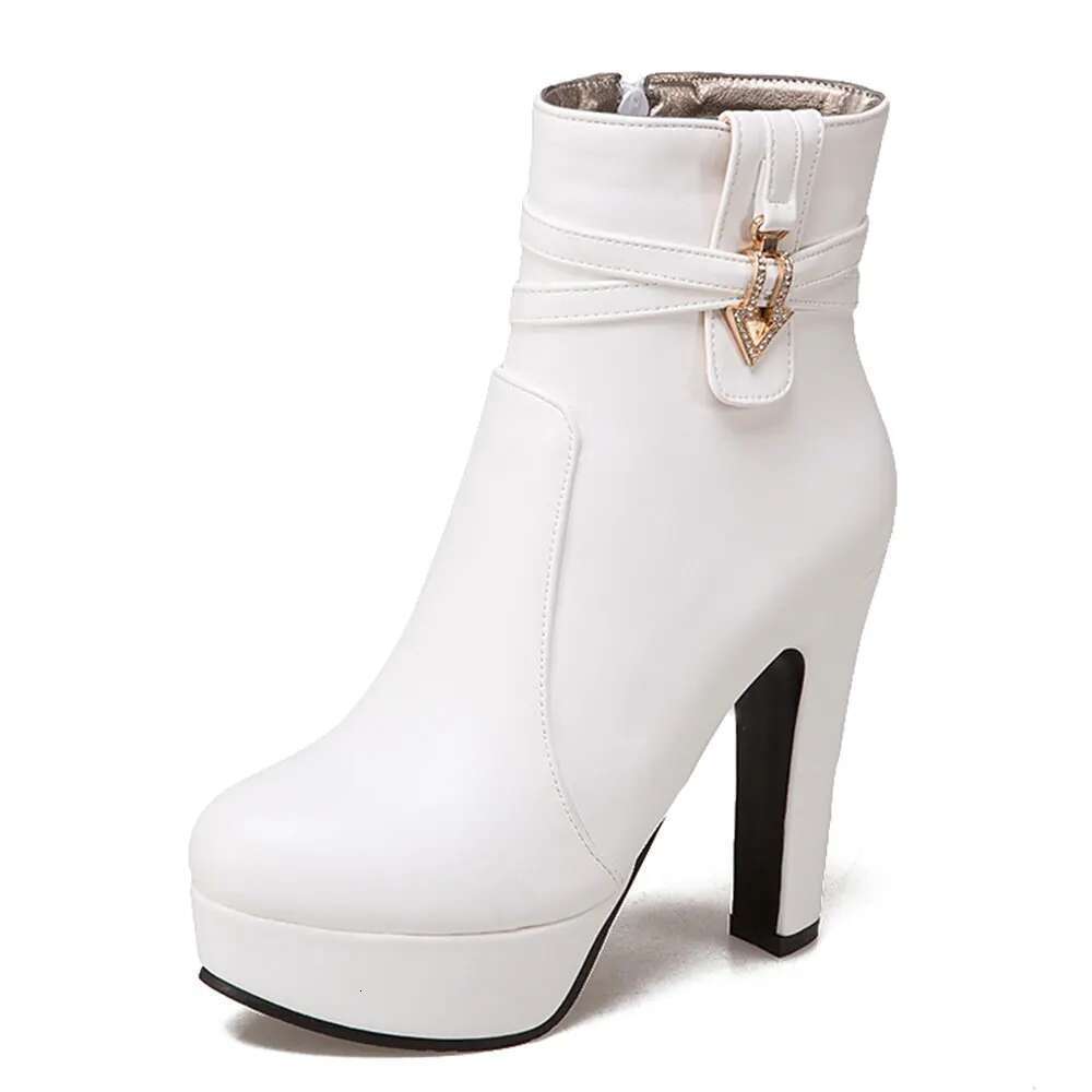 High Heel Sgesvier Autumn PU Leather Ankle Square High Heels Round Toe Platform Black White Women Boots Plus Size G