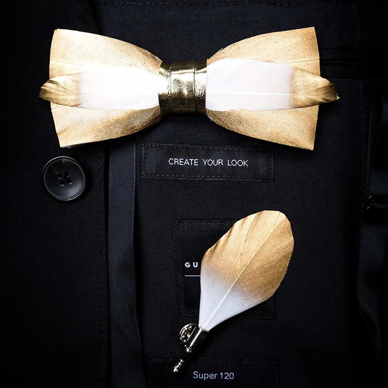 JEMYGINS Original Natural Brid Feather Exquisite Hand Made Bow Tie Brooch Pin Gift Box Set For Men Wedding Party Bowtie 250319
