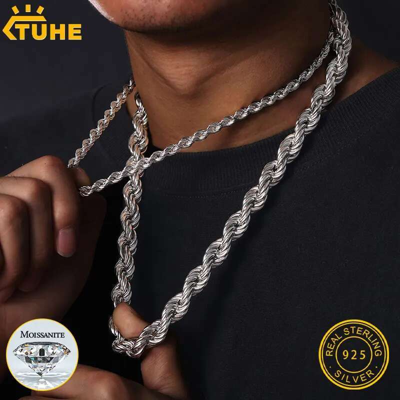 TUHE High Quality Rope Chain 6mm Necklace Moissanite Necklace 925 Silver For Men Hip Hop Jewelry Gift