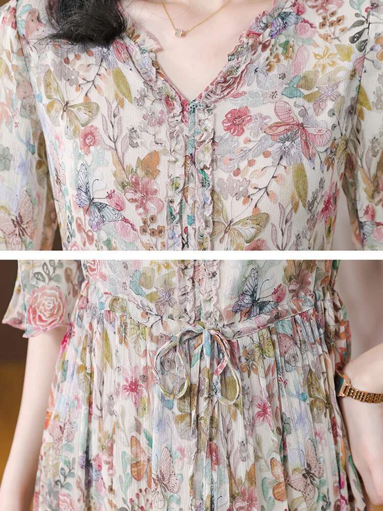 Women ral Chiffon Casual Beach Long Summer Fashion Flare Sleeve Ruffled V-Neck Dress 2024 Korean Elegant Dresses