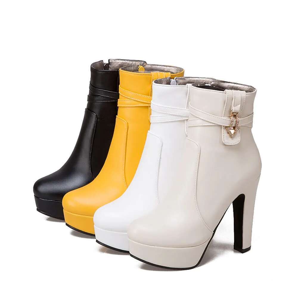 High Heel Sgesvier Autumn PU Leather Ankle Square High Heels Round Toe Platform Black White Women Boots Plus Size G