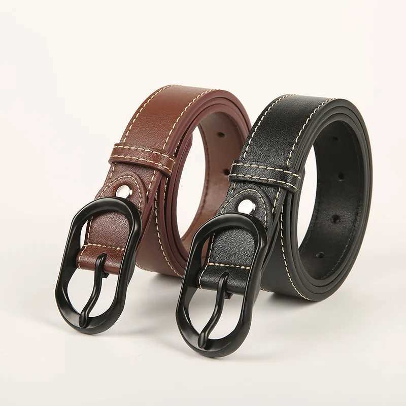 Vintage Womens Belt Soft Genuine leather Casual Jeans Belts Trendy Black Metal Buckle Skinny Belt for Dress Pants W250326