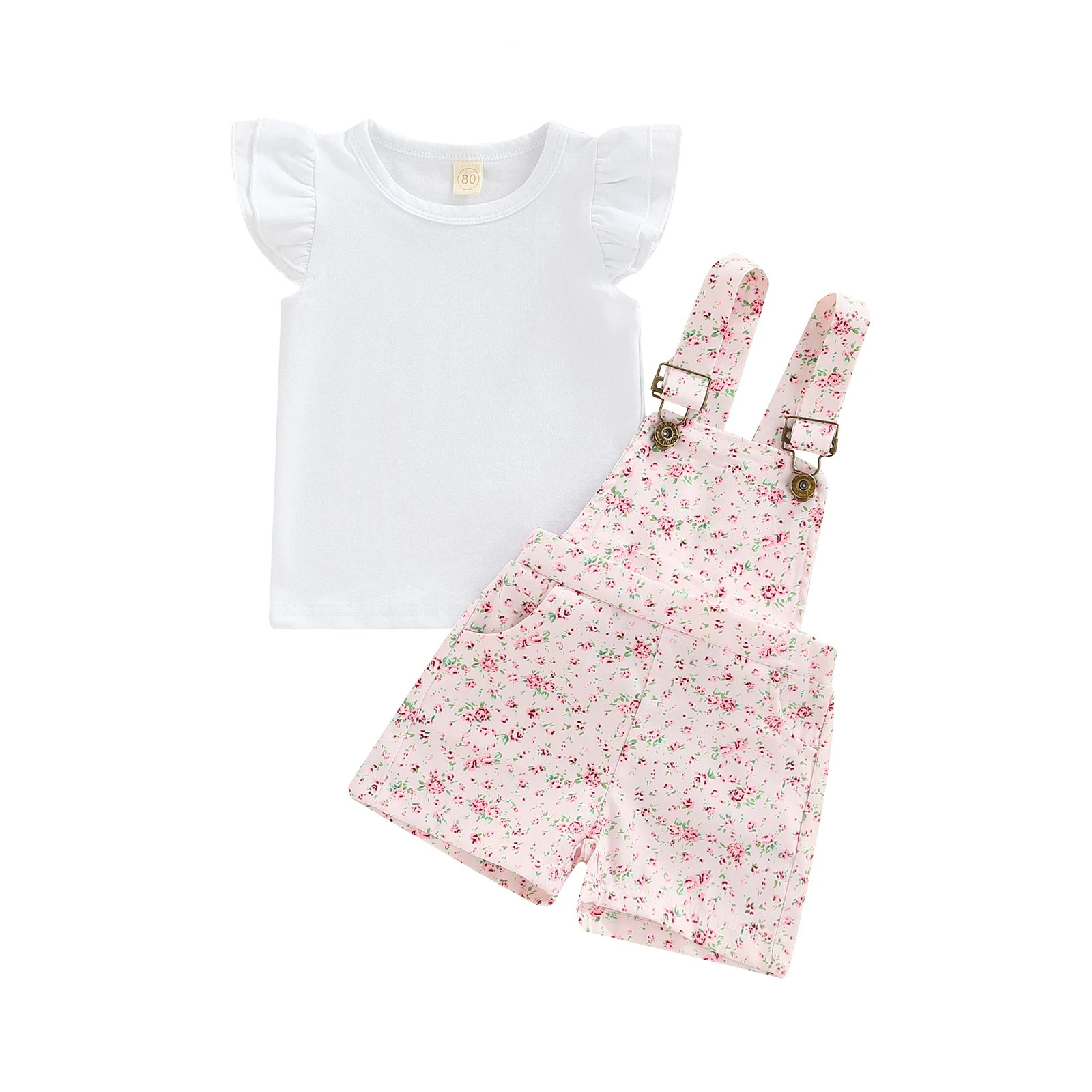 Kids Clothes Girls Summer Outfits Children Clothing Short Sleeve Round Neck Tops Flowers Printed Suspender Short Pants Set 250326