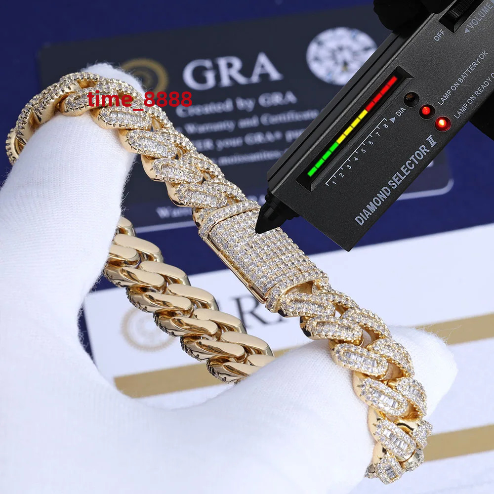 New 12mm 925 Sterling Silver VVS Moissanite 18k Gold Plated Cuban Chain Circular T-square Stone Mixed Inlaid Necklace