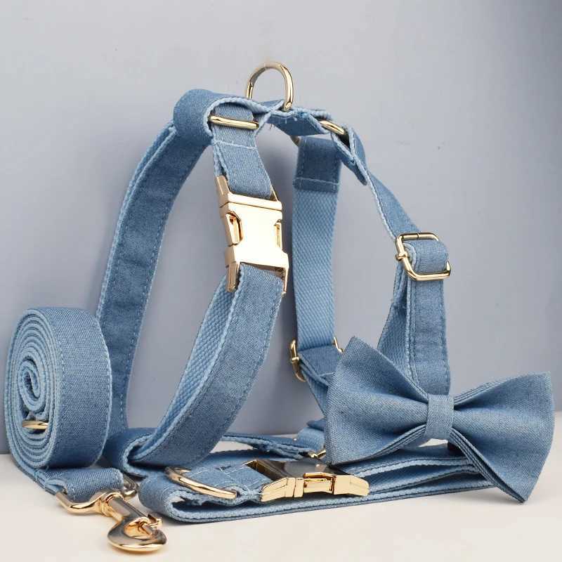 High quality custom design blue denim soft cotton pet accessories personalized dog collar belt safety bow set X250326