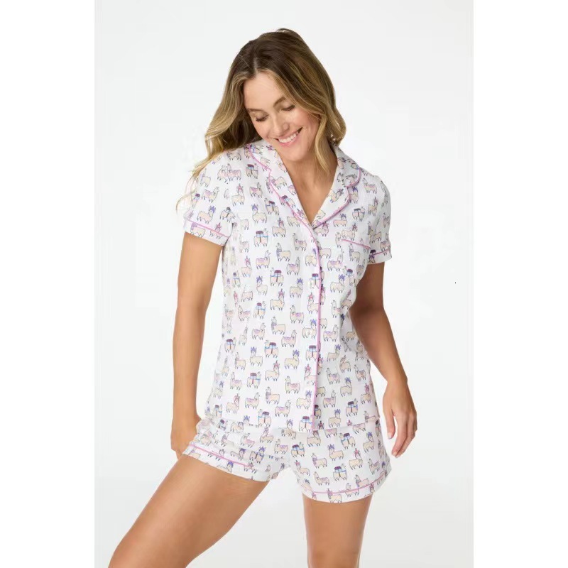 Pajamas Spring/Summer New Short sleeved Set Style Casual Printed Cardigan Women's Home
