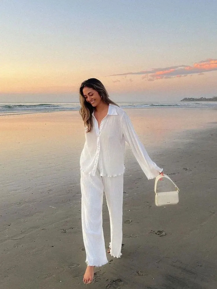 Spring womens shirt pleated two-piece loose high waist wide leg pants set casual and elegant office womens clothing 250321