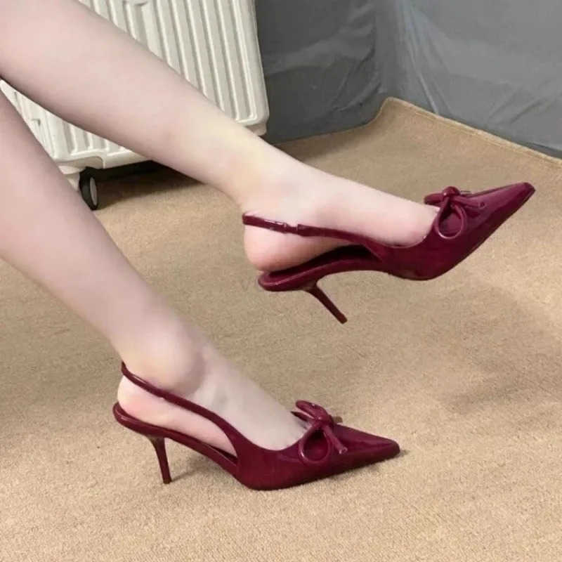 Wen Red Sexy Bow Stiletto Pumps 2024 Autumn Leather High Heel Pointed Toe Buckle Fashion Wen Par Dress H Shoes Z250326