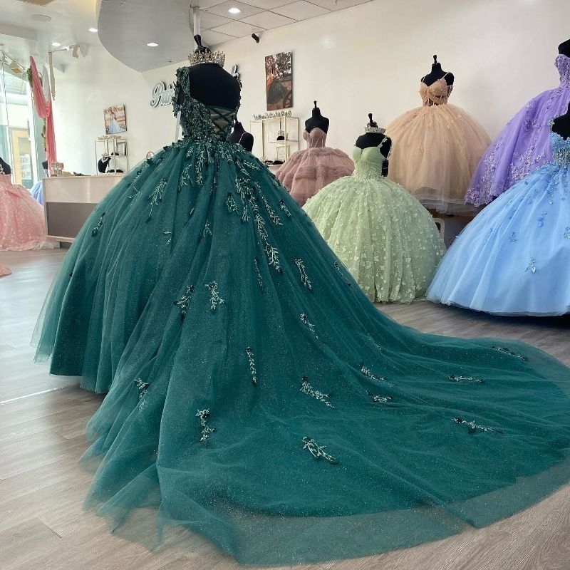 Blackish Green Shiny Quinceanera Dresses Sweetheart Ball Gown Off The Shoulder Applique Lace Beads Tiered Corset Sweet 16 Dress Vestidos De 15 Anos