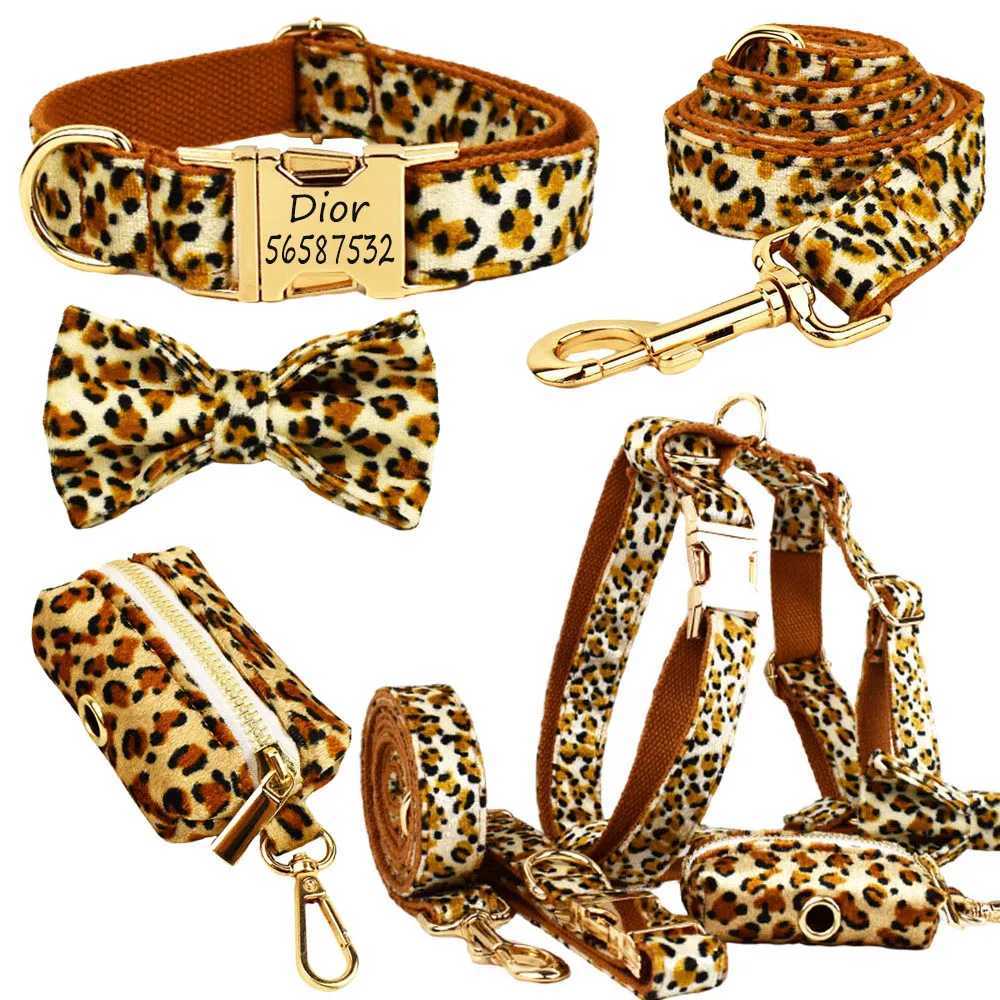 Leopard personalized name collar customized small dog harness for small and medium-sized dogs vest harness Leopard dog poop bag bow X250326