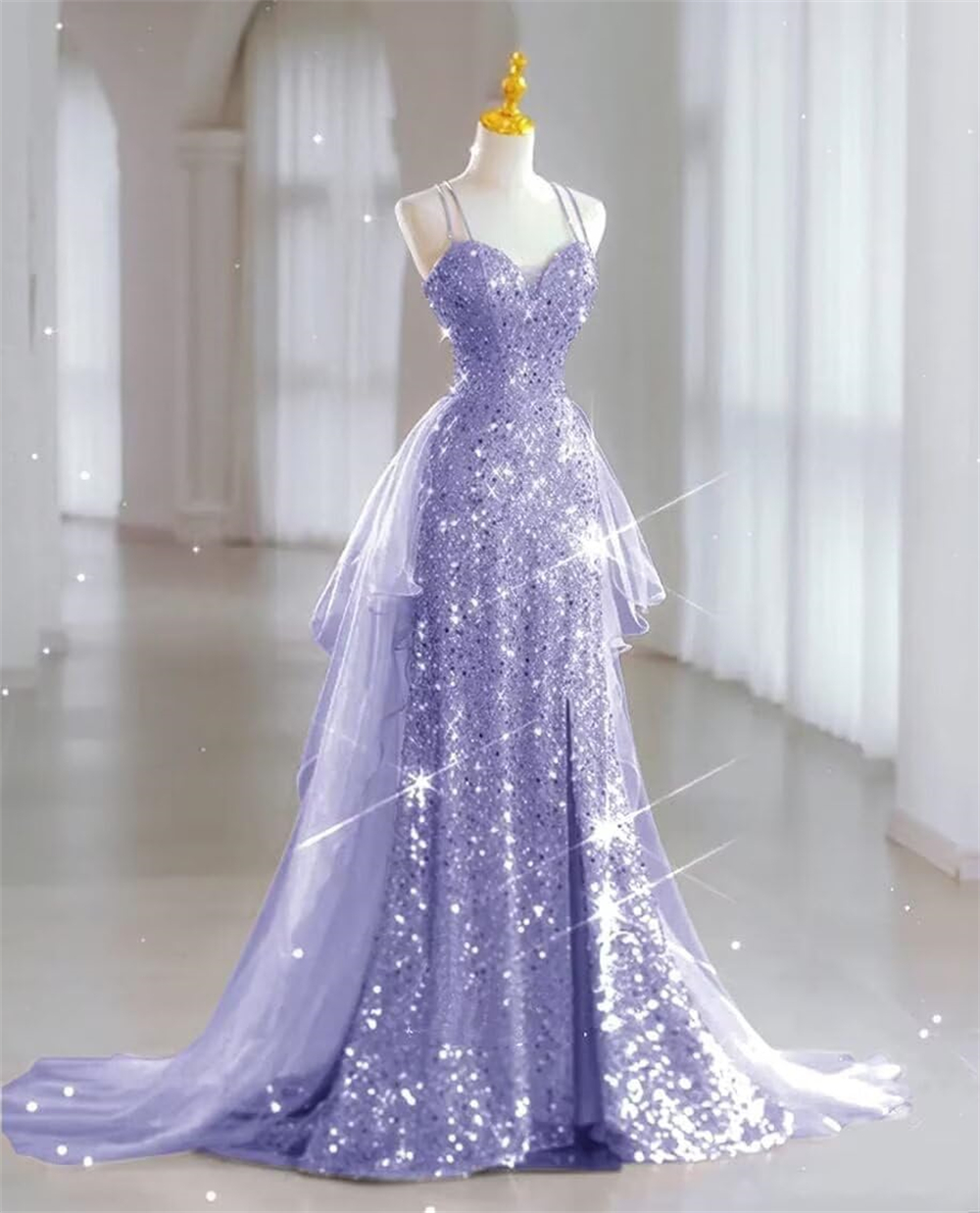 Long Prom Dresses Elegant Tulle Sequined Tiered Criss Cross Straps A-Line Lace-up Plus Size Formal Occasion Evening Party Gown Pd04