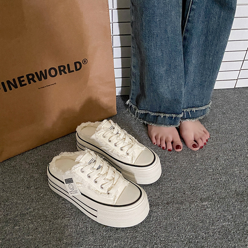 Designer Shoes New Round Toe Thick Soled Semi Trailer Canvas Shoes For Women's Summer Outdoor Wear 2025 Model Height Increasing Sponge Cake Lazy 