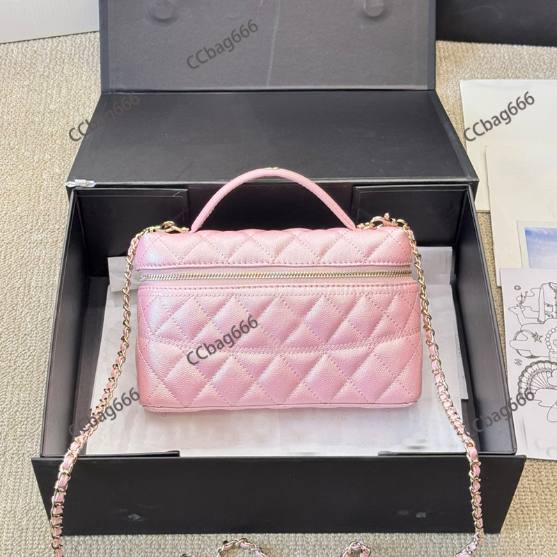 25C Women Top Cross Handle Bag Designer Long Vanity Makeup Shoulder Bag Luxury Pearl Caviar Leather Check with Gold Metal Handbag Cross Body Zipper Purse Sac 20X13cm