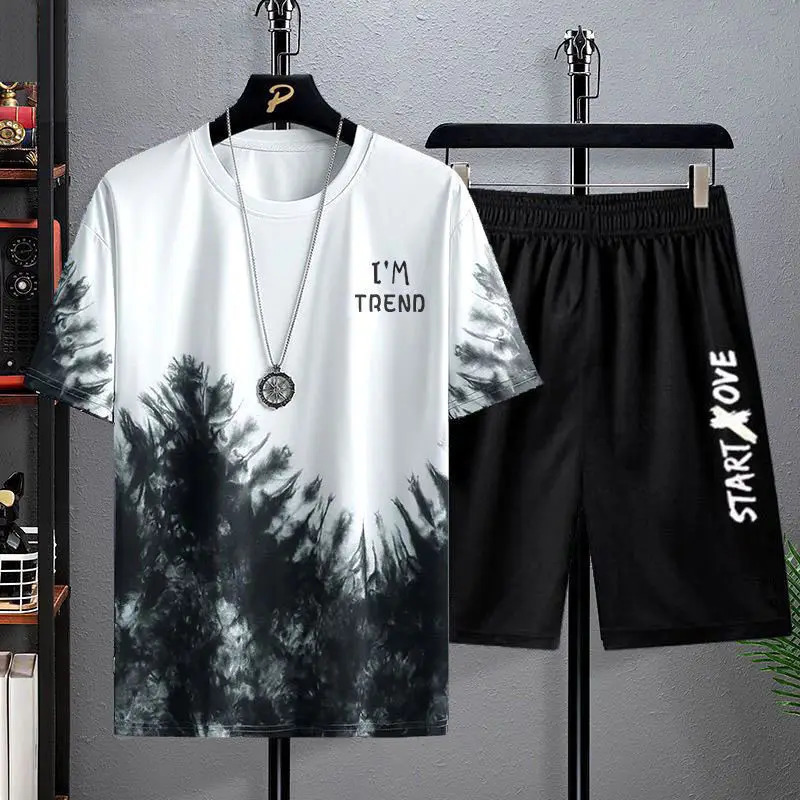 Summer mens casual suit thin quick drying round neck short sleeved Tshirt youth home wear sports twopiece set 250326
