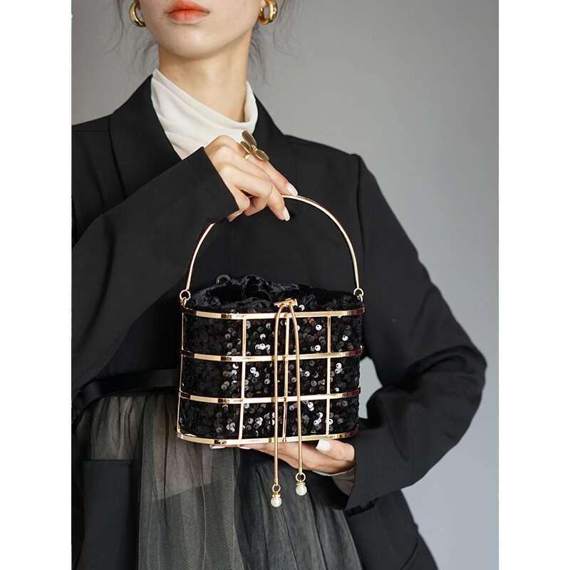Evening Clutch Bag For Women Sequin Hollow Out Preal Beaded Metallic Cage Handbags Ladies Wedding Party Purse