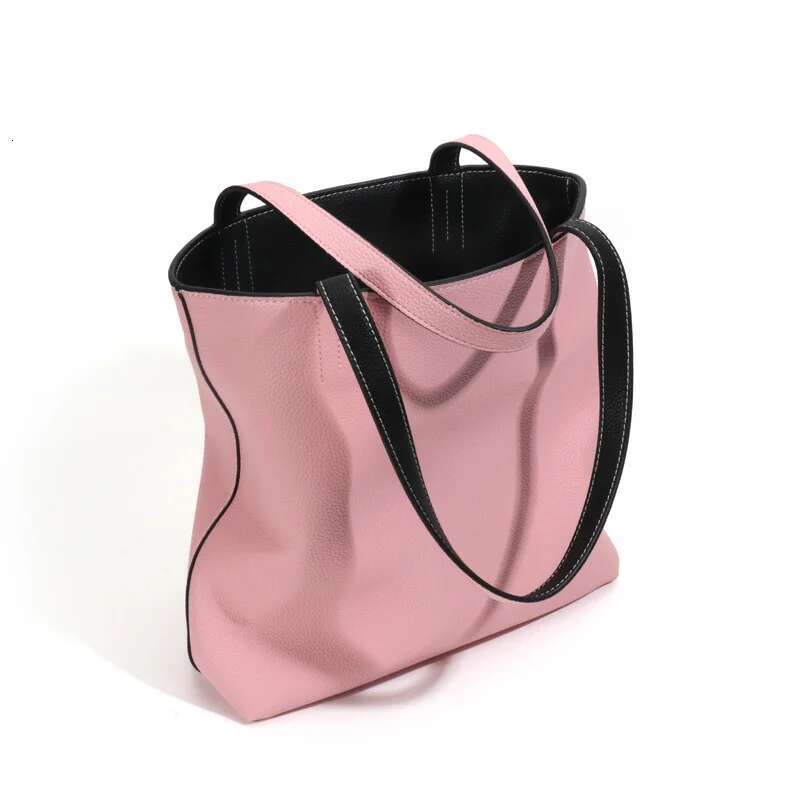 Customized Cow Leather Tote Commuter Women's Simple Causal Bucket Large Capacity Double Sided Shopping Shoulder Bag