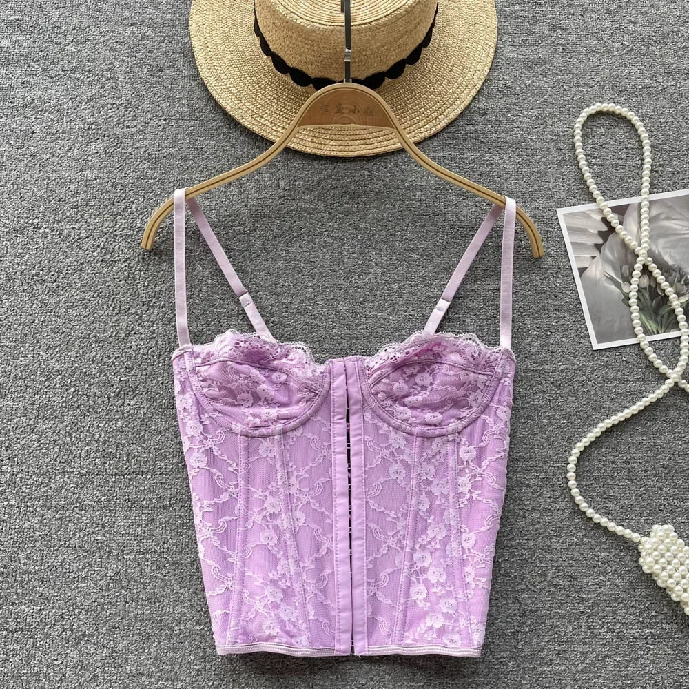 Sexy lace camas Korean fashion basic tight corset tight corset slim sweetheart vest solid color top womens summer streetwear y2k 250321