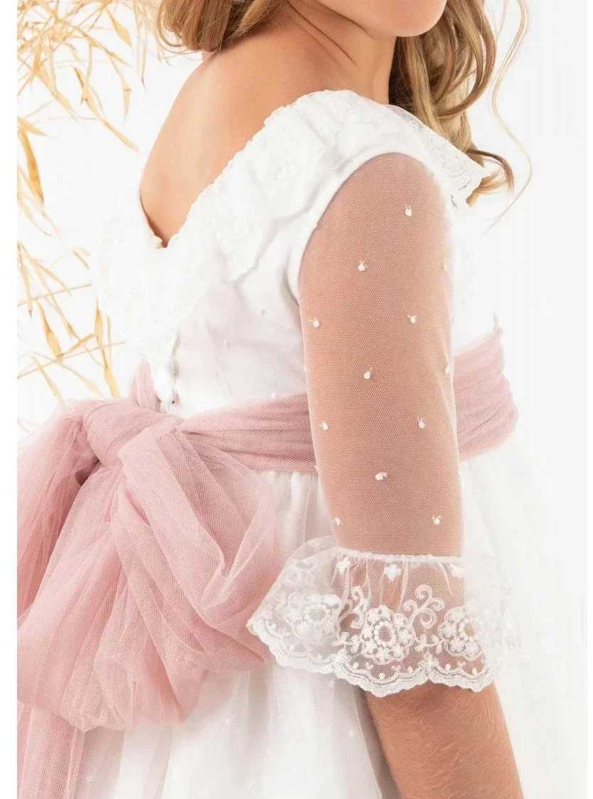 Elegant pastoral first communication dress floral girl dress bow waistband thin gauze decal wedding dress childrens birthday party dress W250326