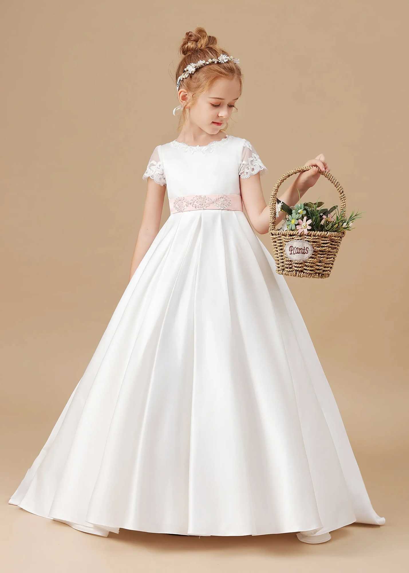 Customized Elegant White Satin First Communication Dress Wedding A-line Flower Girl Dress Pink Bow Princess Childrens Birthday Dress W250326