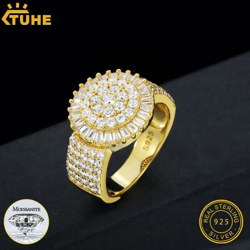 TUHE Unisex Baguette Moissanite Men Rings Hip Hop Jewelry 925 Silver Rings Ice out VVS1 Moissanite With Certificate Men Rings