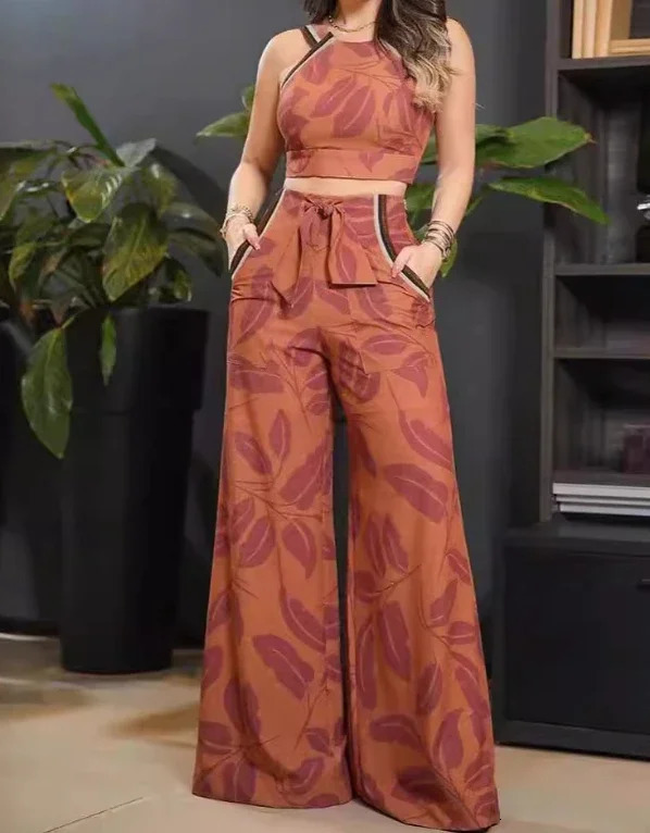 Fashionable womens two-piece summer temperature conveying elegant printed tank top and casual pocket lace upper pants set 250321