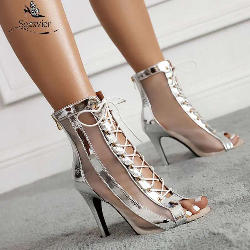 High Heel Sgesvier Lace Up Hollow Out Jazz Short Boots Breathable Mesh High Top Dance Shoes For Women Latin Dance