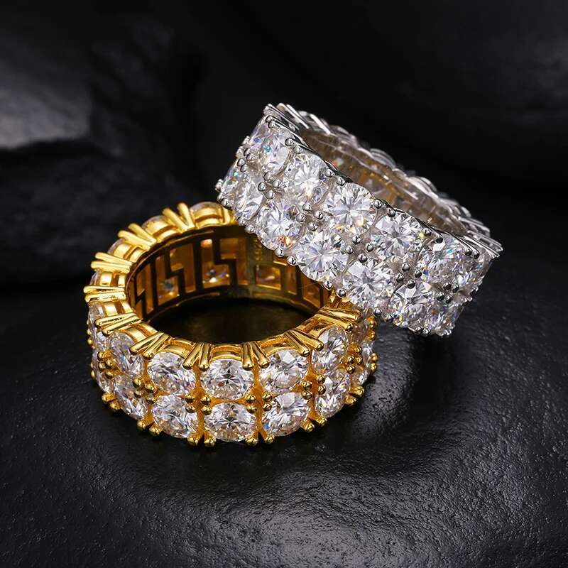 TUHE Unisex Double row 5MM Moissanite 925 Silver Ring Stone Iced Out Couple Rings For Women For Men Hip Hop Jewelry Gifts