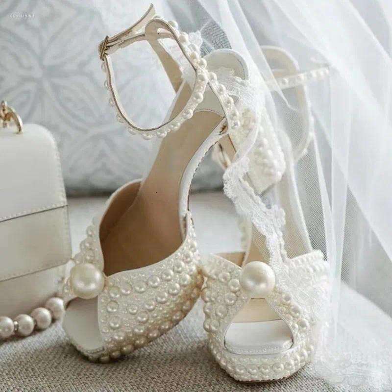 Pearl High heels Platform Women Shoes Wedding Dress shoes Designer Sandals Handmade Beaded Thick Heel Peep Toe Girls aeca