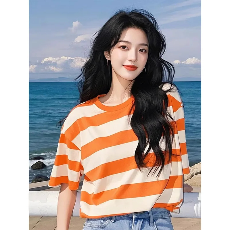 Orange Striped Short-sleeved T-shirt for Womens Summer Korean Fashion Casual Top Chic Sweet Loose Pullovers 250321