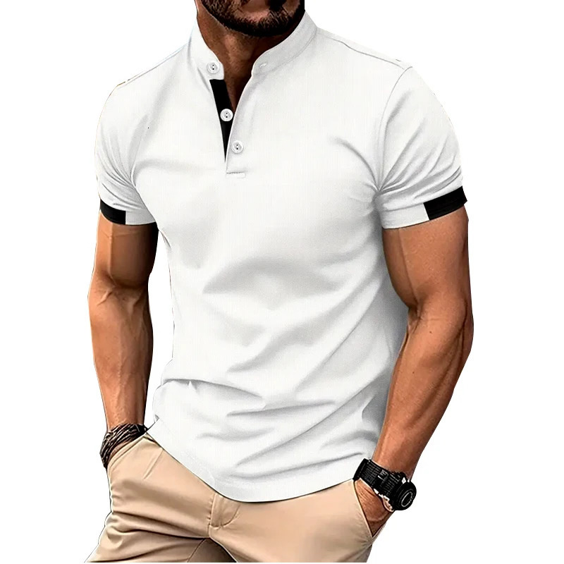 Mens spring and summer short sleeved printed polo shirt fashionable casual stand up collar 100 polyester quick drying top 250326