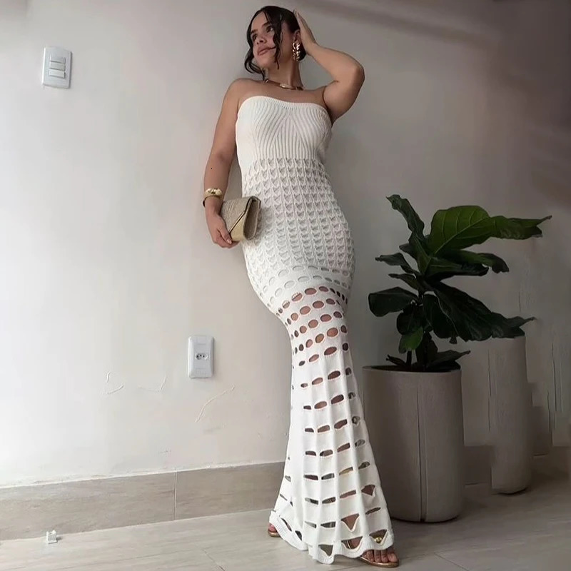 TARUXY Strapless Knitted Long Dress For Women Fashion Hollow Sexy Slim Beach Vacation Dress Sleeveless One-step Dress 2025 250325