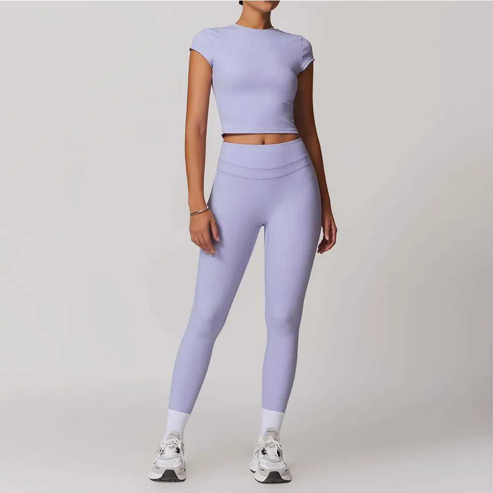 MikeYoga 2PCS Yoga Set Womens Sportswear Fitness Bra Top Short Sleeve Sportswear W250326