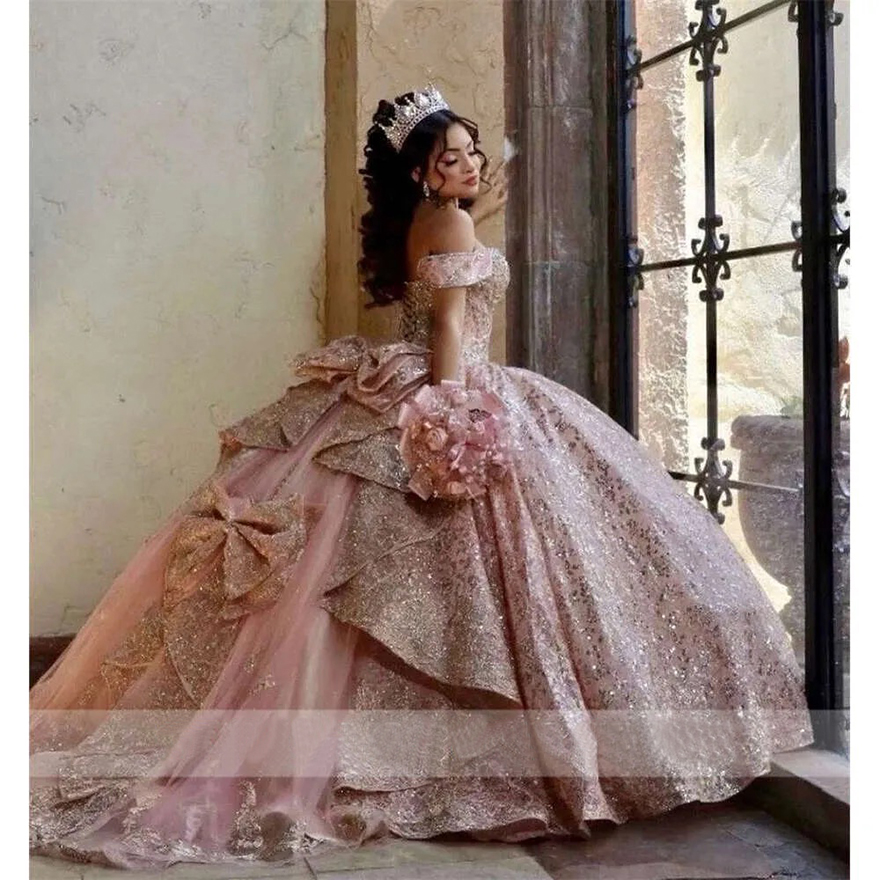 Champagne Rose Gold Off The Shoulder Ball Gown Quinceanera Dresses For Girls Sparkly Beaded Birthday Party Gowns Lace Up Back