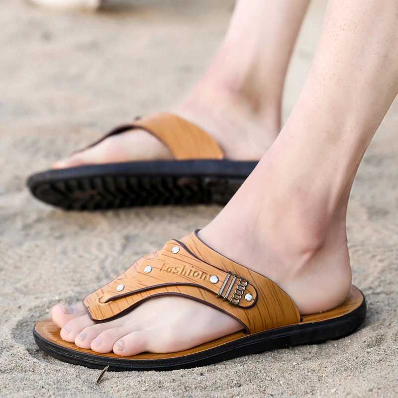 Mens summer flip up beach sandals non slip casual flat shoes mens high-quality slippersXJ250326