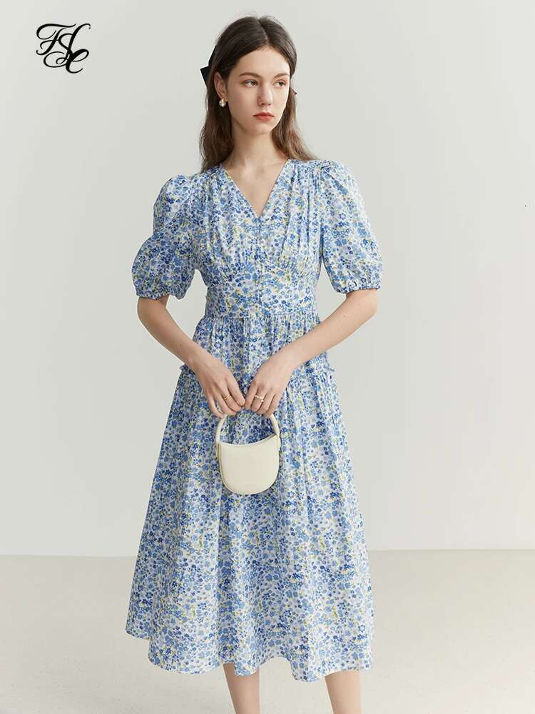 FSLE Blue Romantic ral Dress Women Elegant Vintage High Waist V-neck Puff Sleeve Summer Printing Female Cotton Long Skirts