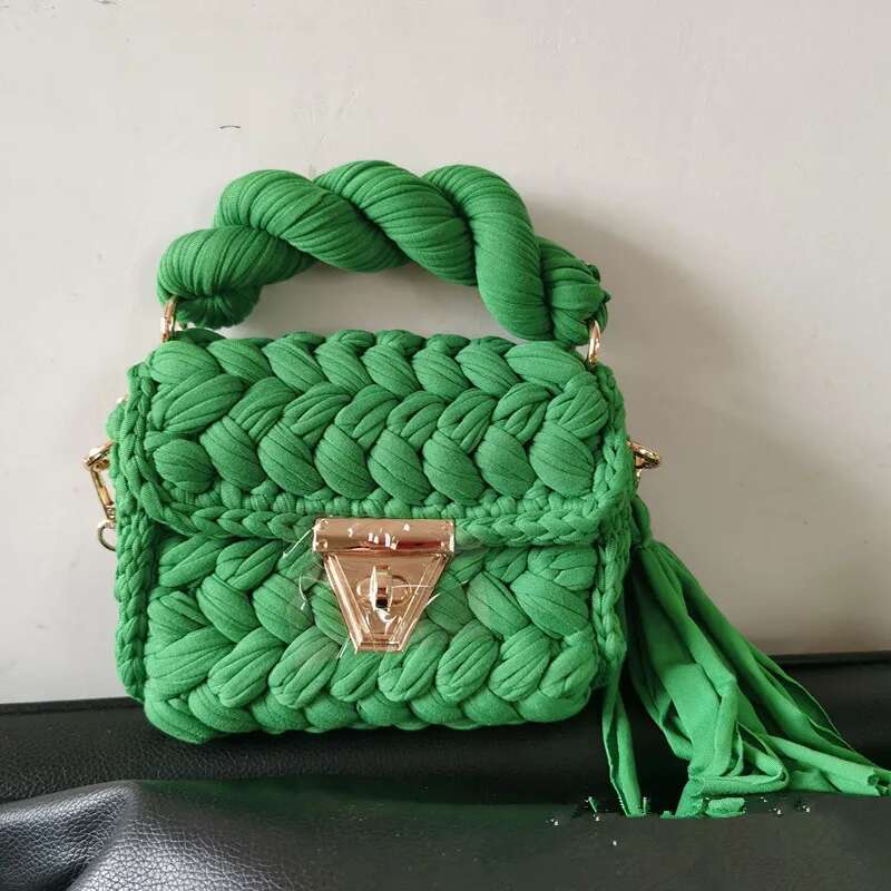 Women's BAG Beige Solid Color Cloth Strip Woven Bag Square Tassel Shoulder Diagonal Crossbags For Women Designer Handbag