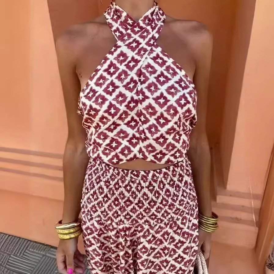 Women's INS off shoulder and backless pullover, hanging neck printed high waisted skirt set