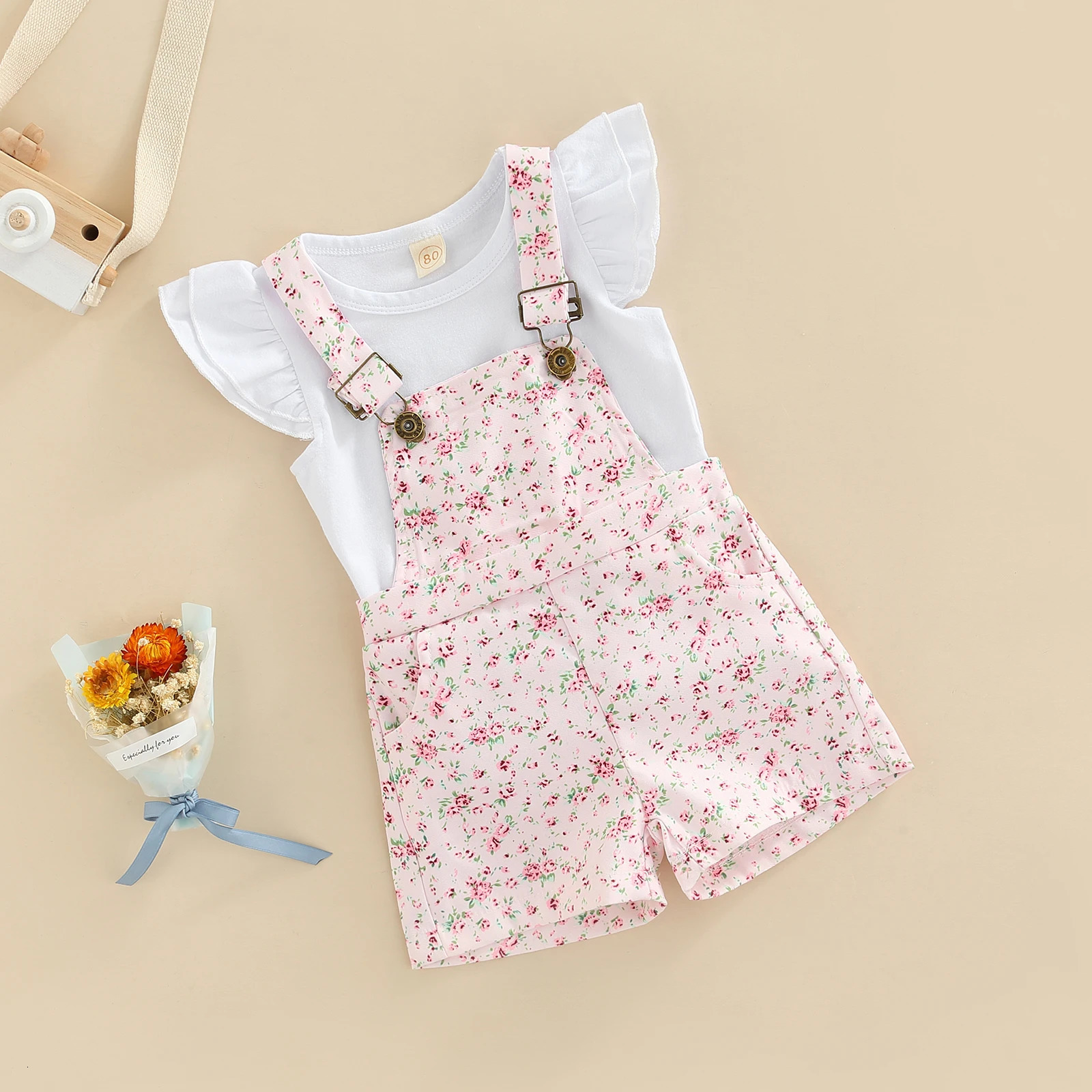 Kids Clothes Girls Summer Outfits Children Clothing Short Sleeve Round Neck Tops Flowers Printed Suspender Short Pants Set 250326