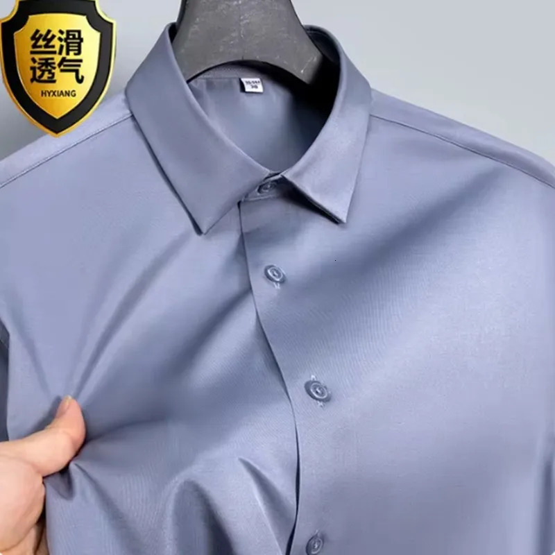 Basic Mens Black Shirt Long Sleeve Non Ironing Wrinkle Ice Silk Casual Soft Camisas Business Dress Mens Clothes 5XL 250325