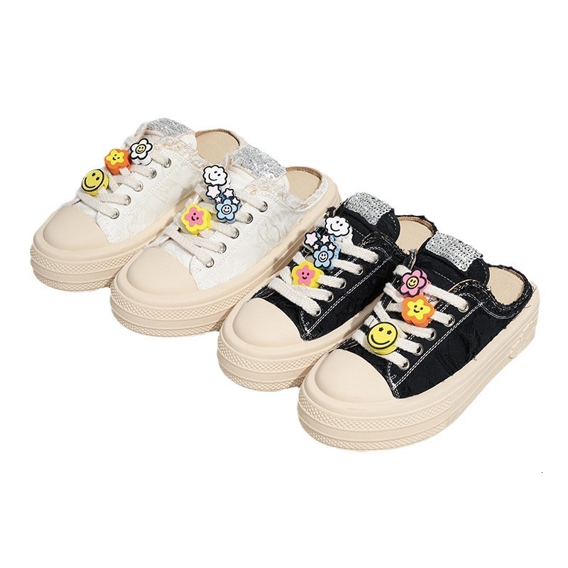 Designer Shoes 2025 Summer New Women's Flower Canvas Shoes Thick Soled Height Increasing Baotou Inlaid Diamond Cloud Smiling Face Women's Ha