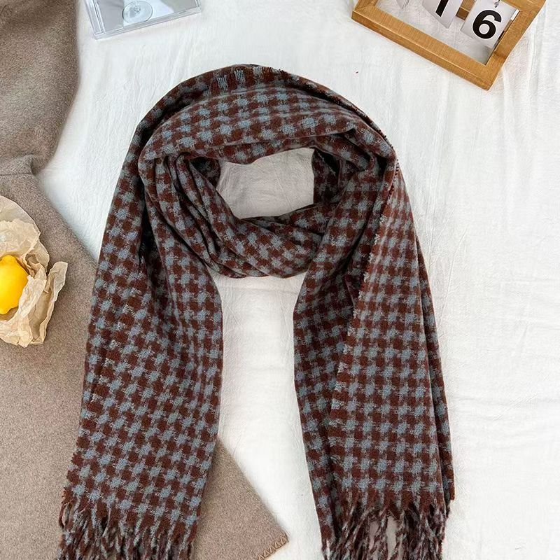 T355 new Korean retro houndstooth scarf female winter advanced sense all-match warm neck knitted shawl