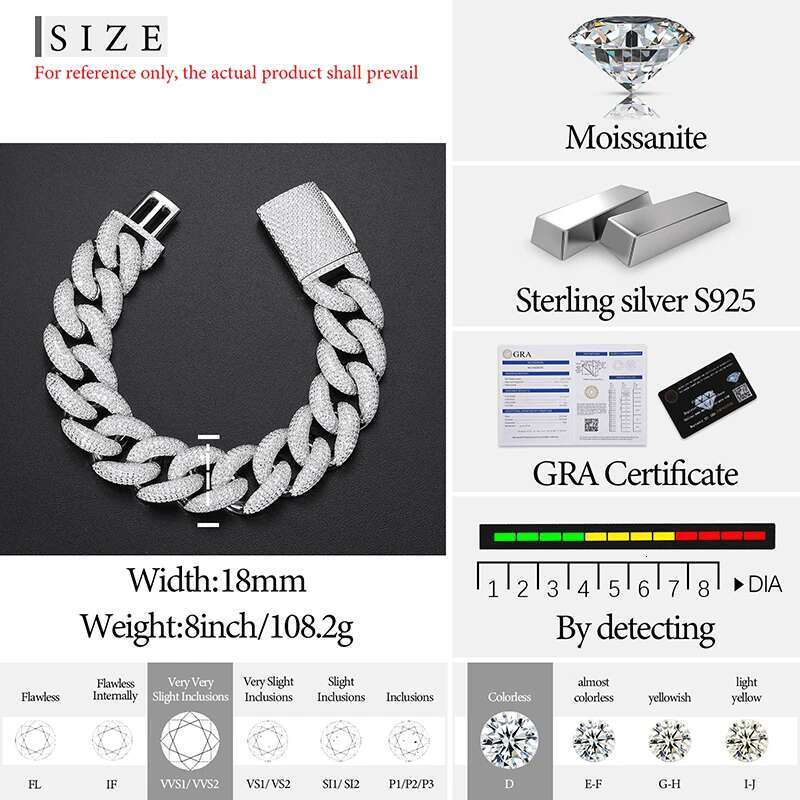 TUHE Unisex High Quality Multi-row Moissanite Stone VVS1 Moissanite Cuban Chain Necklace 925 Silver For Men Hip Hop Jewelry