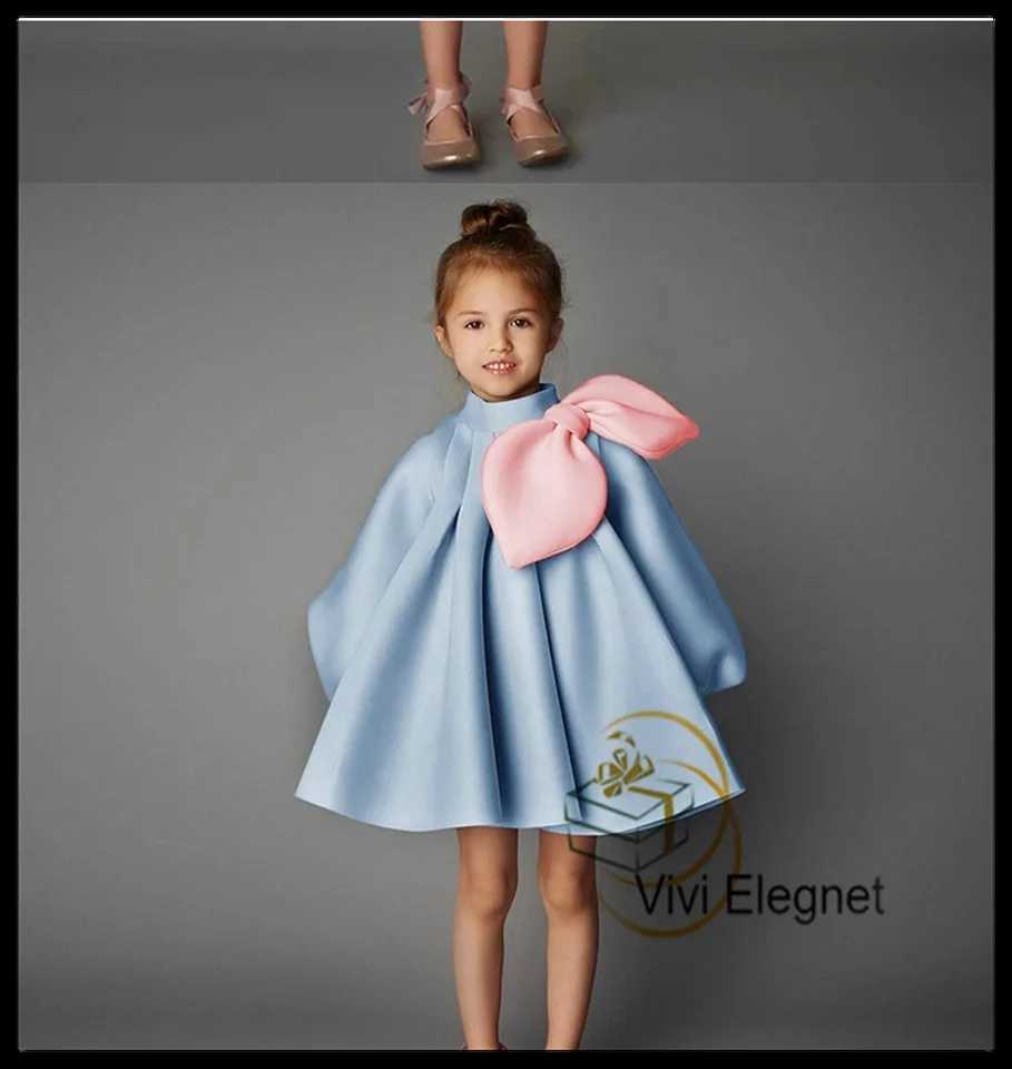 Cute High Collar Flower Girl Dress with Long Shoulder Bow Mini Baby Birthday Dress Lantern Girl Customized Summer Dress W250326