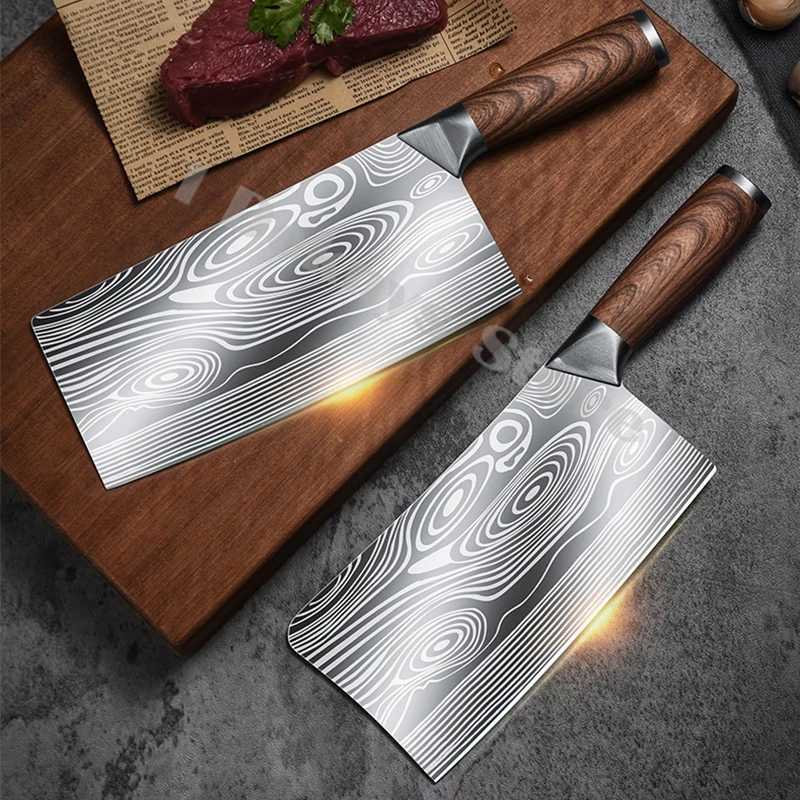 Laser Damascus Japanese Kitchen Knives Set Professional Chef Cleaver 4cr13 Stainless Steel Meat Slicing Cooking Butcher KnifeC250326