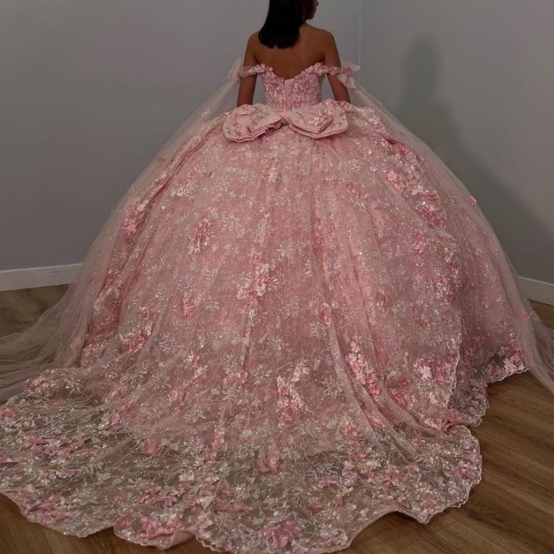 Pink Shiny Princess Sweetheart Ball Gown Quinceanera Dresses Off the Shoulder Beads Sequin Appliques Flower Party Birthday Vestidos De 15 Anos