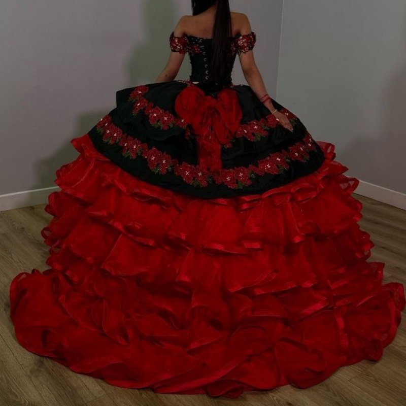 Red Off The Shoulder Quinceanera Dresses Beads Embroidery Applique Tiered Tull Ball Gown Sweet 16 Dress Princess Dress Vestido De 15 Anos